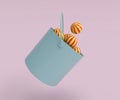 bucket with colorful ball icon, minimal 3d render illustration on light pink background Royalty Free Stock Photo