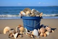 Bucket with different shells on the beach. Generative AI