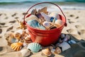 Bucket with different shells on beach. Generative AI