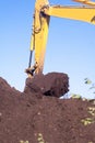 Bucket of an excavator against mountain and sky