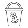 Bucket with flower for gardening thin line icon, gardening concept, kids toy bucket vector sign on white background