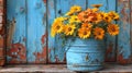 A bucket of flowers in a blue metal can sitting on top of wood, AI Royalty Free Stock Photo