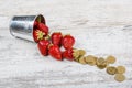 A bucket of fresh ripe strawberries and a pile of scattered coins Royalty Free Stock Photo