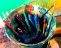 Bucket full of multi-colored brushes soaked in the artist`s studio Royalty Free Stock Photo