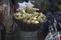 Bucket with gilded cinnamon and cones for sale on the flower market.