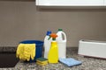 Bucket, gloves, rag, scouring pad and cleaning supplies on the kitchen table