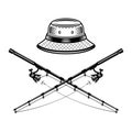 Bucket hat and two crossed fishing rods vector monochrome style illustration on graphic objects isolated on white