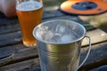 bucket with ice and beer on a picnic table, frisbee in background Royalty Free Stock Photo