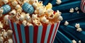 bucket industry background box red popcorn food blue cinema film corn. Generative AI. Royalty Free Stock Photo