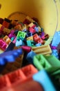 A bucket of Scattered Legos on the Floor Royalty Free Stock Photo