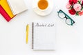 Bucket list. Blank notebook to write goals and wishes on white office desk top-down mockup Royalty Free Stock Photo