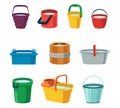 Bucket. Metal wooden and plastic containers with water. Household washing equipment. Cartoon housekeeping tanks mockup