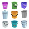 Bucket and pail set. Empty containers with handle, trash bins and buckets with water. Cartoon isolated set