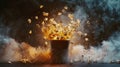 A bucket of popcorn is exploding in the air