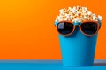 A bucket of popcorn and sunglasses on a blue table Royalty Free Stock Photo