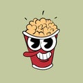 Bucket of popcorn vintage toons: funny character, vector illustration trendy classic retro cartoon style