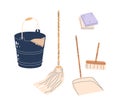 Bucket With Rag, Broom, Brush, Wipes And Scoop Versatile Cleaning Kit, Perfect For Tackling Messes, Isolated Vector Set