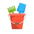 Bucket, rake and shovel for children sandbox icon