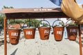 Bucket with sand in a petrol station for fire fighting Royalty Free Stock Photo