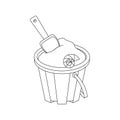 A bucket with sand, a shovel and a shell. Beach set for summer trips. Vacation accessories for sea vacations. Line art Royalty Free Stock Photo