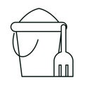 Bucket with sand and shovel toys linear icon style white background