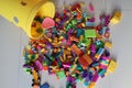 A bucket of Scattered Legos on the Floor Royalty Free Stock Photo