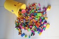 A bucket of Scattered Legos on the Floor Royalty Free Stock Photo