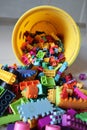 A bucket of Scattered Legos on the Floor Royalty Free Stock Photo