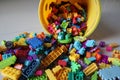 A bucket of Scattered Legos on the Floor Royalty Free Stock Photo