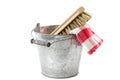 Bucket with scrubbing brush and tea towel Royalty Free Stock Photo