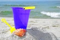 Bucket and seashell on beach