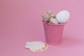 A bucket with seashells on a pink background. The buckets are completely filled with seashells. There is a place for text Royalty Free Stock Photo