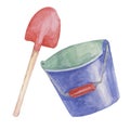 Bucket and shovel toys toy. Beach sand play game objects clipart. Retro gardening tools watercolor illustration for kids Royalty Free Stock Photo