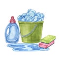 Bucket with soap foam, cleaning liquids, stain removers, sponges. Watercolor illustration of household cleaning utensils