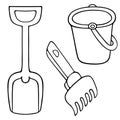 Bucket, spade and rake. Sketch Set of vector illustrations. Outline on an isolated white background. Doodle style. Collection. Royalty Free Stock Photo