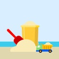 Bucket and spade with sand isolated on background. Shovel for sandbox. Vintage plastic toys for kids. Childhood concept. Vector Royalty Free Stock Photo