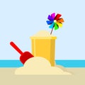 Bucket and spade with sand isolated on background. Shovel for sandbox. Vintage plastic toys for kids. Childhood concept. Vector Royalty Free Stock Photo