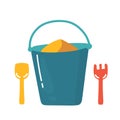 Bucket and spade with sand vector illustration flat icon isolated on white, kid toys tools symbol, pail shovel label Royalty Free Stock Photo