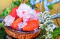 Bucket of strawberries with crushed ice Royalty Free Stock Photo