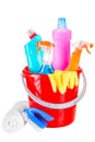 Bucket stuffed with objects for cleaning house Royalty Free Stock Photo