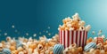 film box background bucket popcorn blue red food entertainment cinema corn. Generative AI.