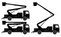 Bucket trucks side view black icons vector illustration