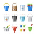 Bucket vector bucketful or wooden pailful and kids plastic pail for playing empty or with water bucketing down in garden Royalty Free Stock Photo