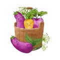 A bucket of vegetables. Vegetable basket. Wooden bucket with cartoon eggplants, carrots and beets with greens Royalty Free Stock Photo