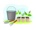 Bucket with Water and Trowel with Fork as Garden Tools and Equipment for Soil Cultivation and Planting Vector