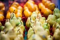 Buckets of Bartlett pears for sale on a Canadian market in Montreal. Also known as Williams pear, it is a popular autumn fruit Royalty Free Stock Photo