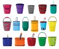 Buckets collection. Bail vector cartoon icons or pails with handle. Plastic household buckets. Cleaning containers