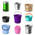 Buckets collection. Color empty plastic or metal bucketful with handle different types for liquids or garbage, garden or Royalty Free Stock Photo