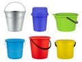 Buckets collection. Empty plastic or metal containers for liquids water or garbage vector realistic buckets