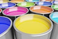 Buckets of multi coloured paint, 3d rendering.